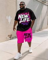 Men's Plus Size Flame Pink New LIFE Alphabet Print Round Neck Short Sleeve T-Shirt Shorts Suit